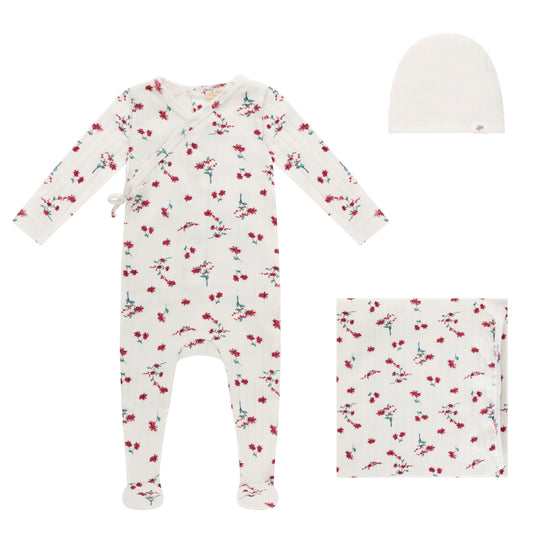 AOP Ribbed Flower Footie, Hat and Blanket