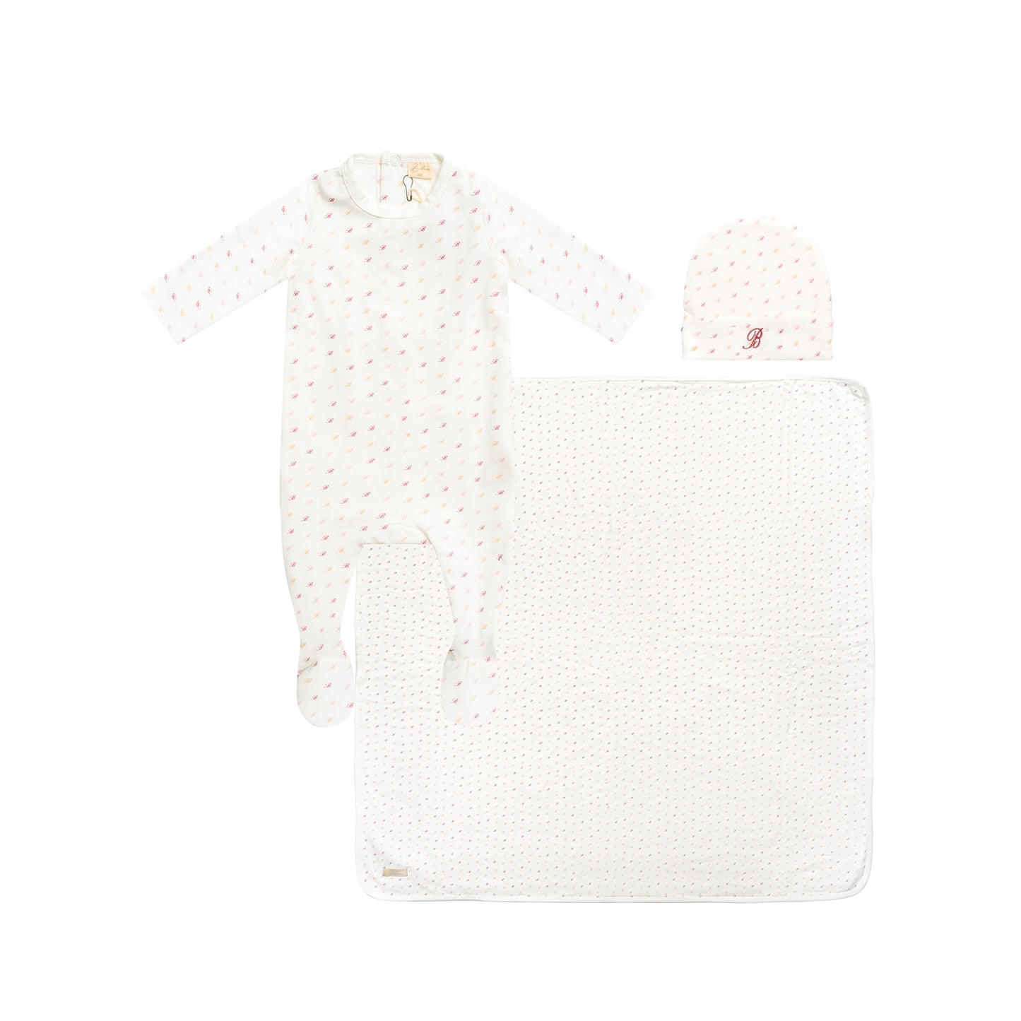 All Over B Footie with Pull on Hat and Blanket Pink