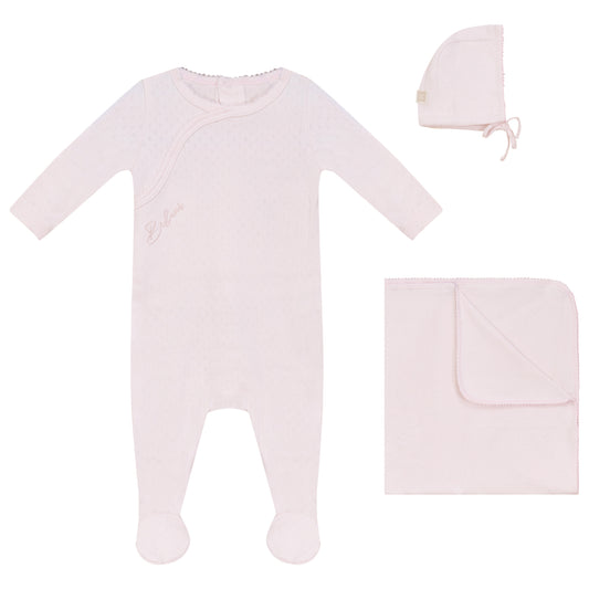 Eyelet Footie, Hat and Blanket Set Pink