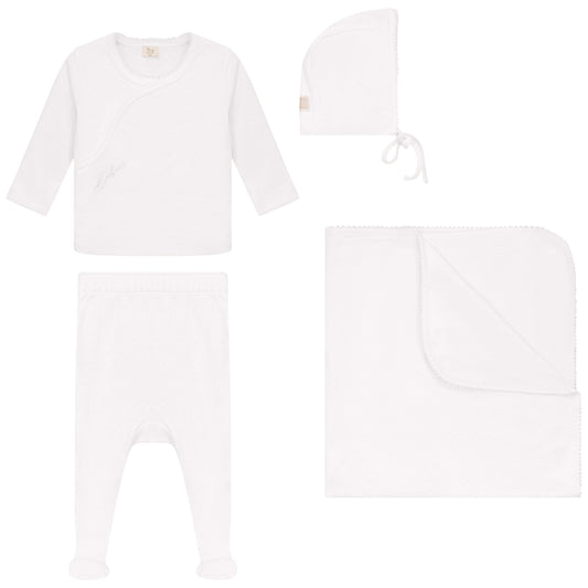 Eyelet 2 Piece, Hat and Blanket Set White