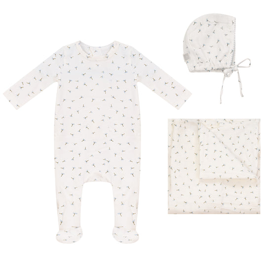 Floral Footie, Hat and Blanket Set Blue