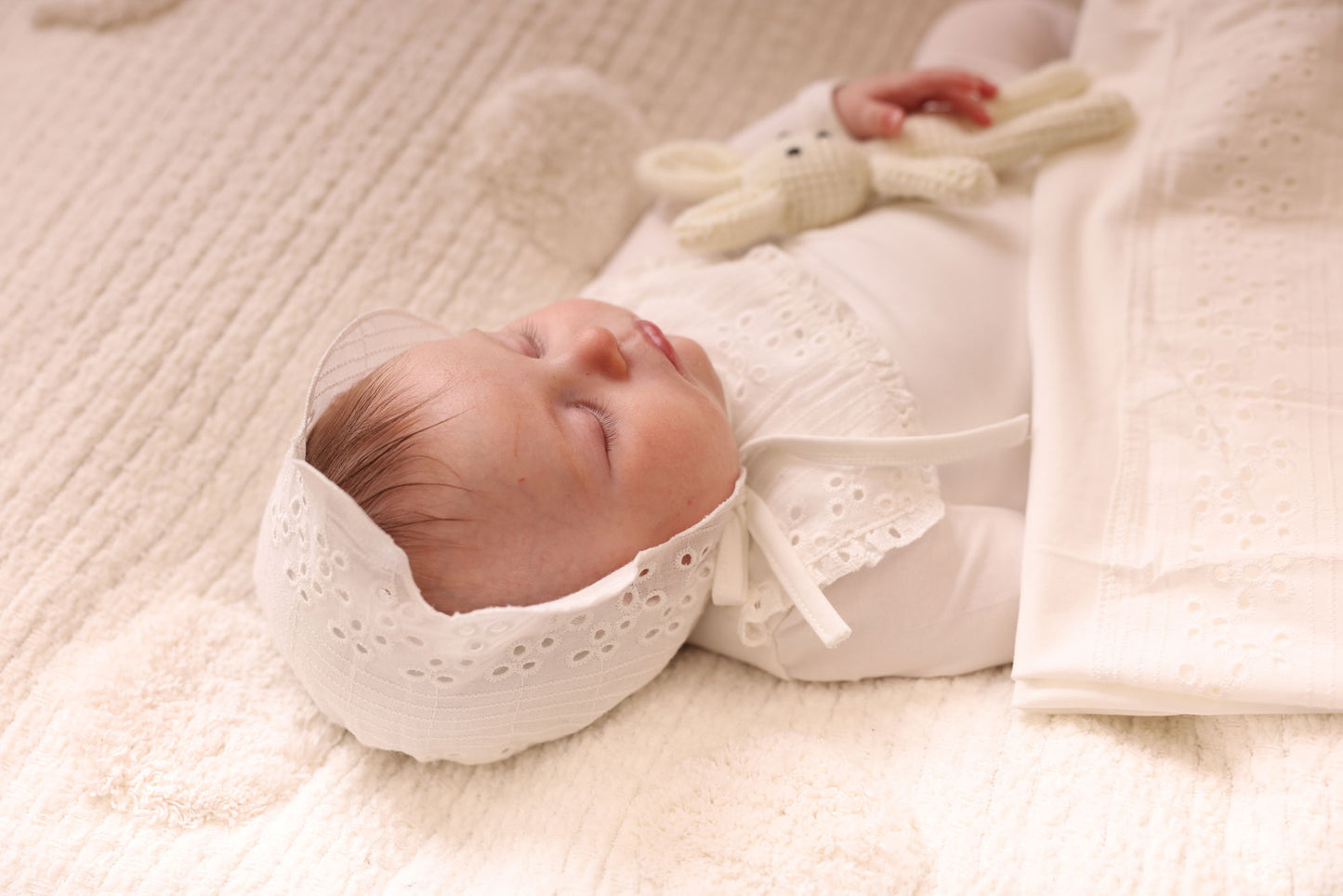 Eyelet Ruffle Bib Footie, Bonnet and Blanket
