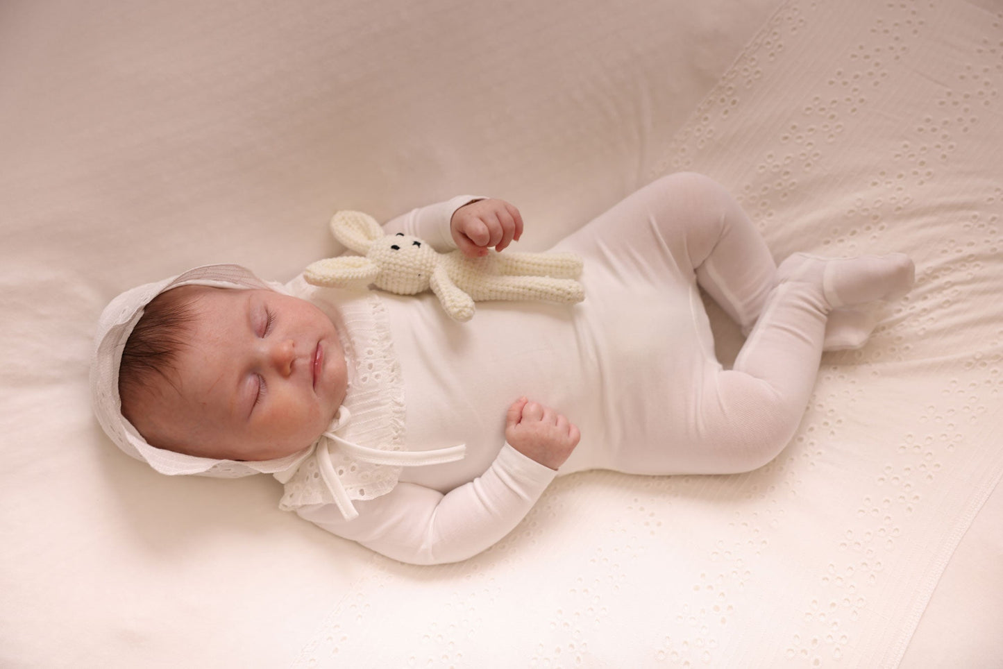 Eyelet Ruffle Bib Footie, Bonnet and Blanket