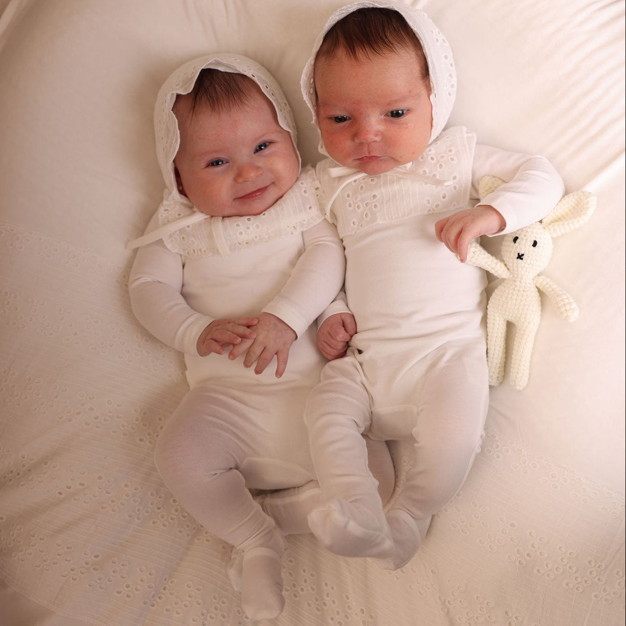 Eyelet Ruffle Bib  Footie, Bonnet and Blanket