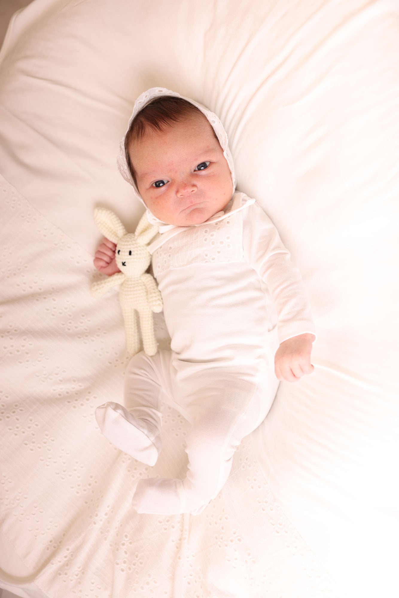 Eyelet Ruffle Bib  Footie, Bonnet and Blanket
