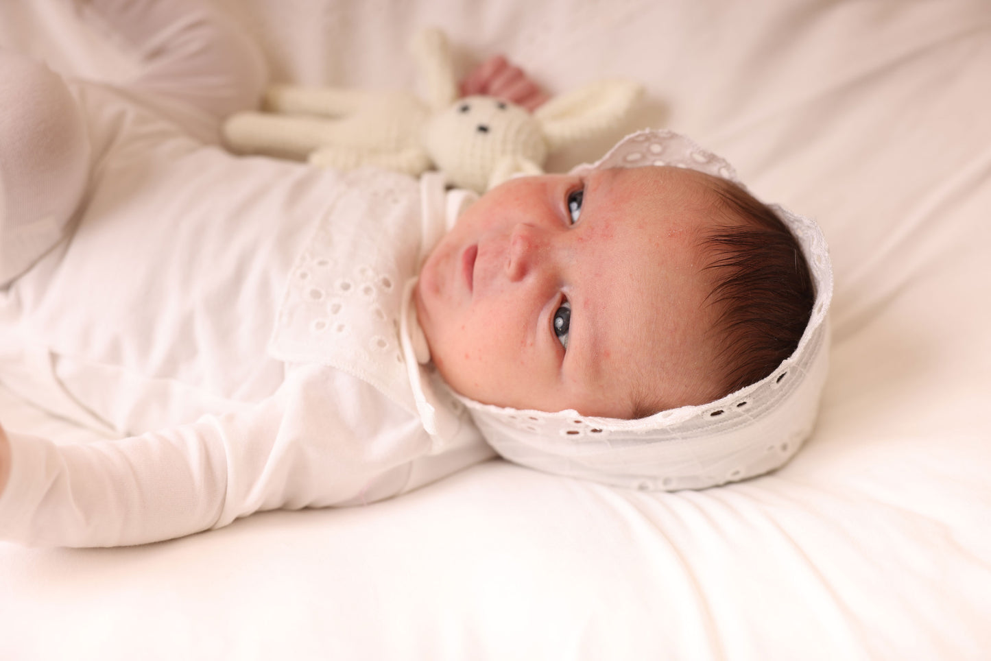Eyelet Ruffle Bib  Footie, Bonnet and Blanket