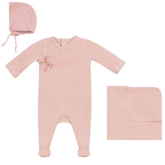 Eyelet Wrap Footie, Bonnet and Blanket Set Pink