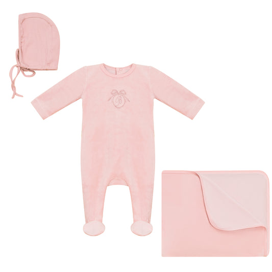 Embroidered B Footie, Bonnet and Blanket Set Pink